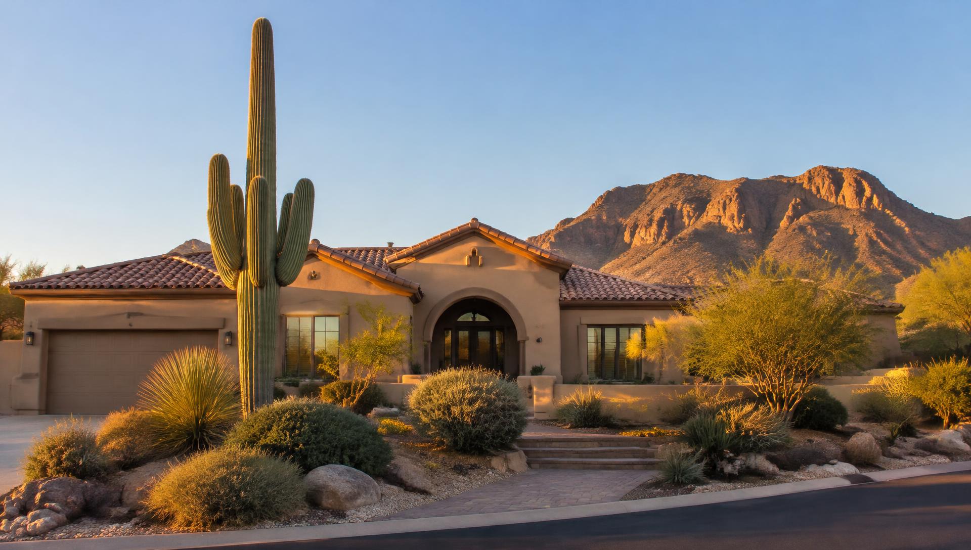 Arizona desert home with a saguaro cactus and mountain view at golden hour