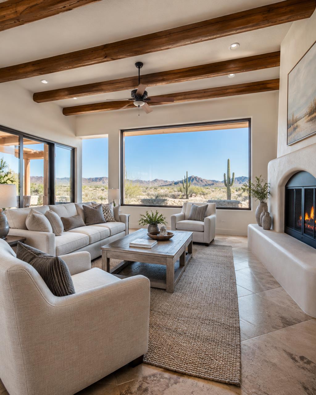 Southwestern living room with wood beams and a desert view, staged for sale